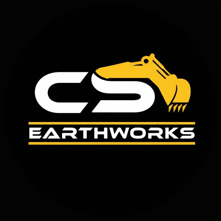 CS Earthworks logo featuring yellow and white construction excavator icon with company name on black background