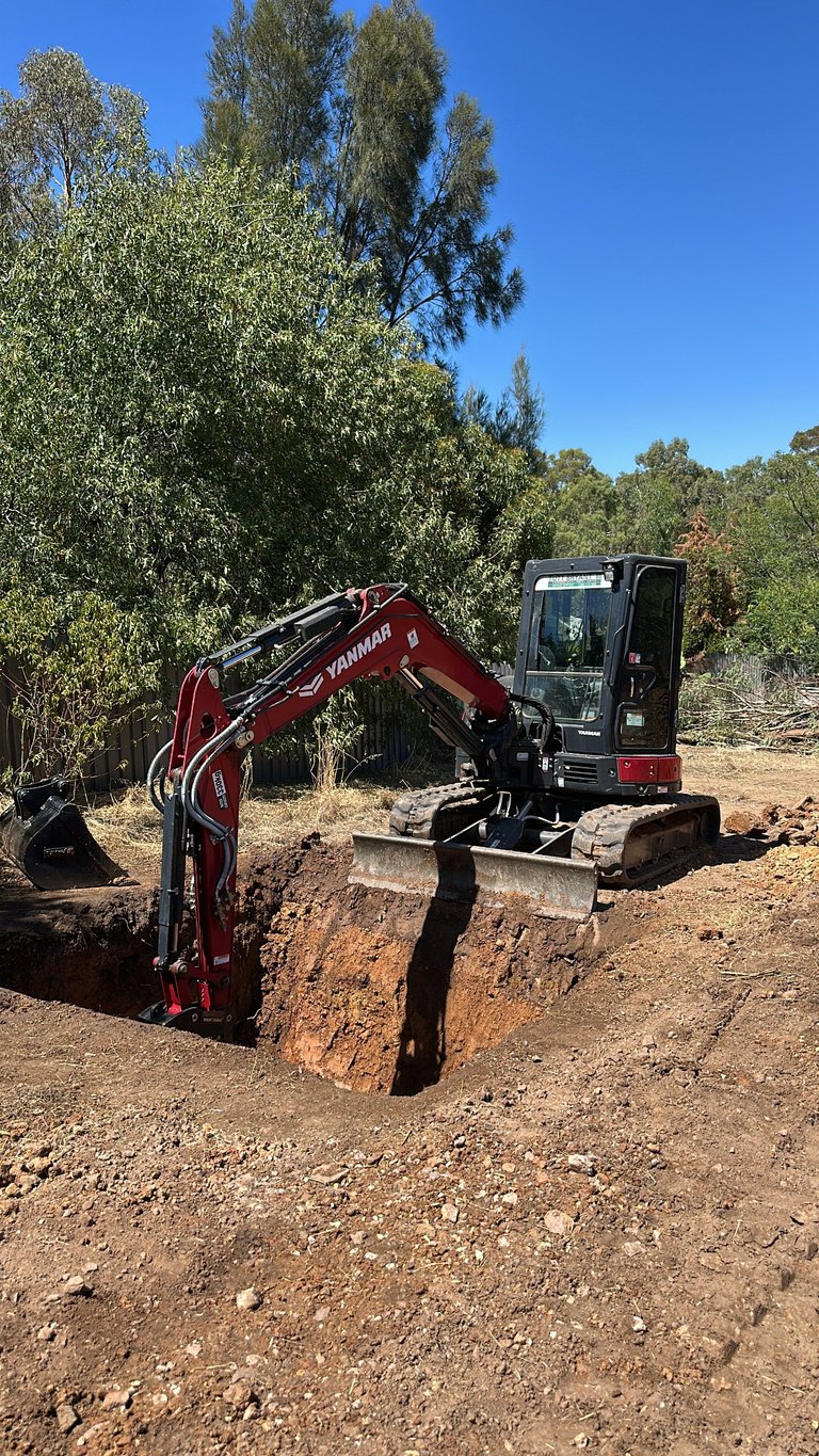 Red and black compact excavator digging in dirt with trees and clear blue sky in background